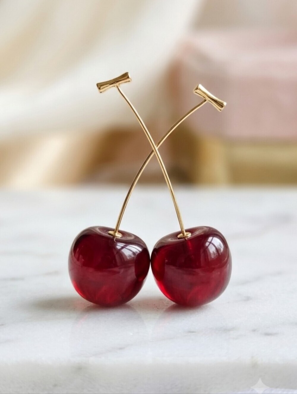 Cherry Drop Earrings Deep Red Resin Gold Stem Coquette Dangle Fruit 1.9"